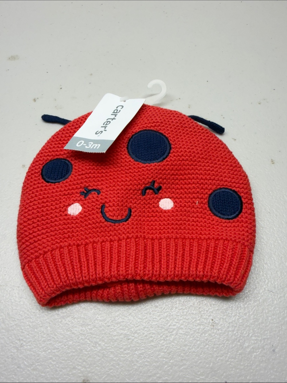 Carter's Red Ladybug Knit Baby Beanie with Navy Spots